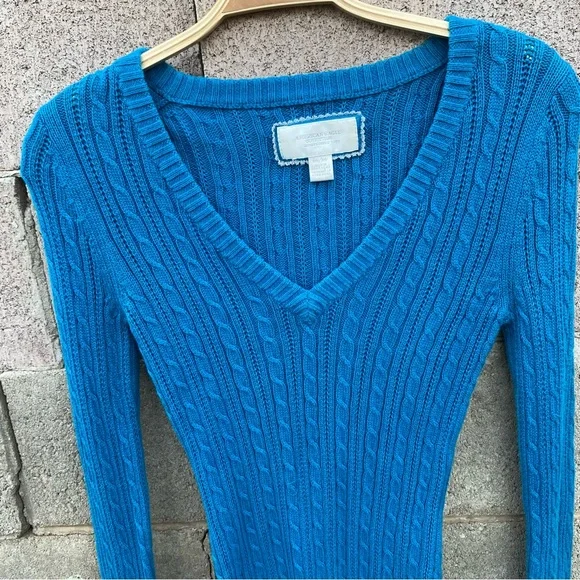 Y2K American Eagle Sweater Womens Medium Slim Blue Cable Knit Schoolgirl Preppy - Picture 3 of 5